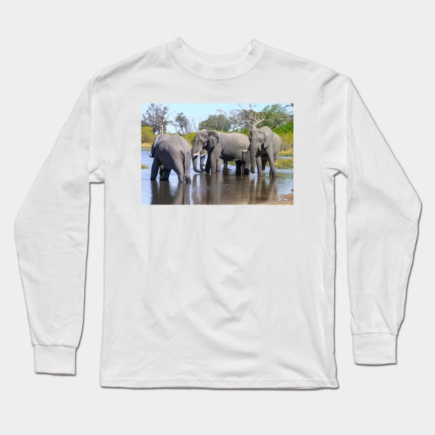 Three Elephants Wading in Botswana Long Sleeve T-Shirt by SafariByMarisa